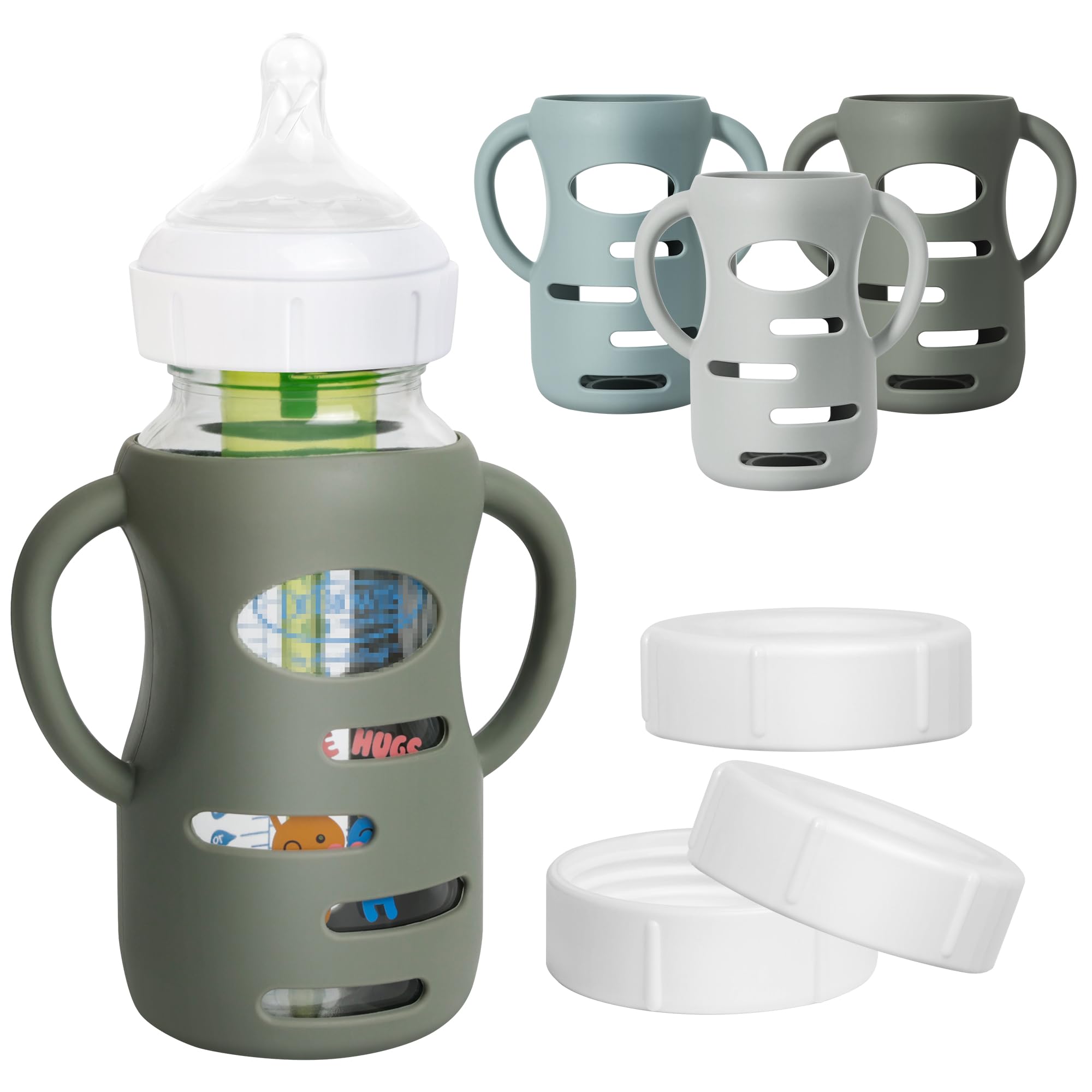 3 Pack Silicone Sleeves for Dr Brown Wide-Neck Glass Baby Bottles, Food GradeAnti Breakage Baby Bottle Holder with Handles and 3pcs Travel Bottle Caps