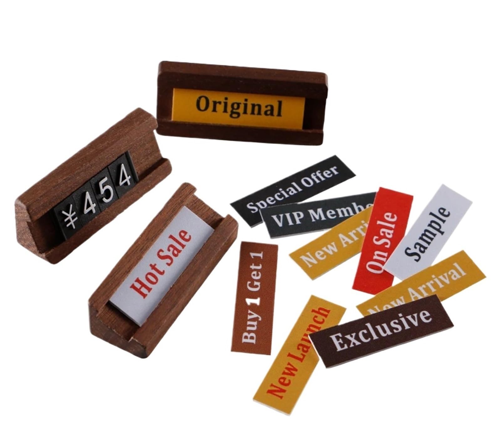 Zovloer Solid Wood Products Price Tag 10pcs Mini Price Tag Advertising Sign Holder Stand Jewelry Watch Wood Adjustable Cube Tags For Pricing For Retail Store Boutique Restaurant(Color1-gold)