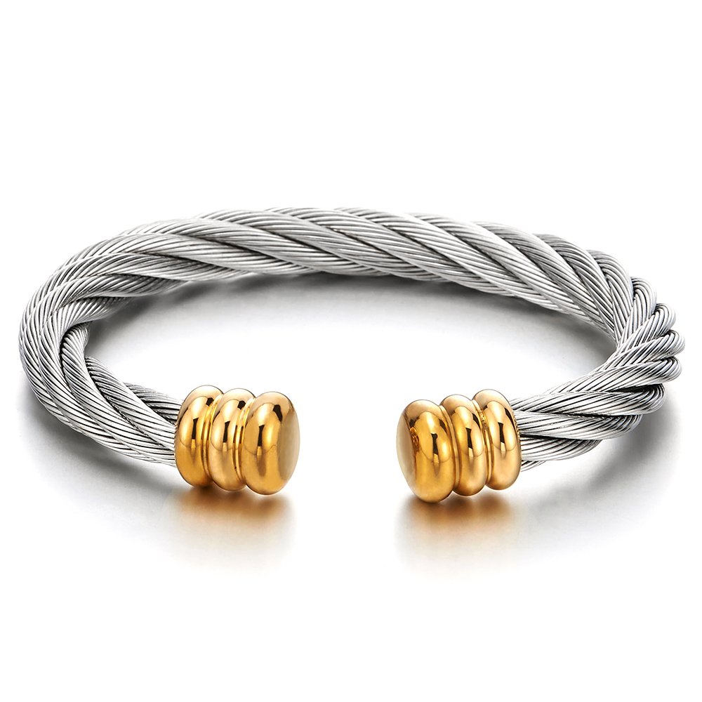 COOLSTEELANDBEYOND Large Elastic Adjustable Steel Twisted Wire Cuff Bangle Bracelet for Men Women