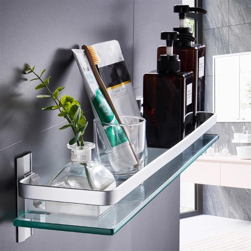 LUUYYI Estante de baño de cristal, estante de ducha de vidrio de 15.7 pulgadas con riel de aluminio, estante de ducha flotante sin taladrar, moderno estante de baño montado en la pared, estantes