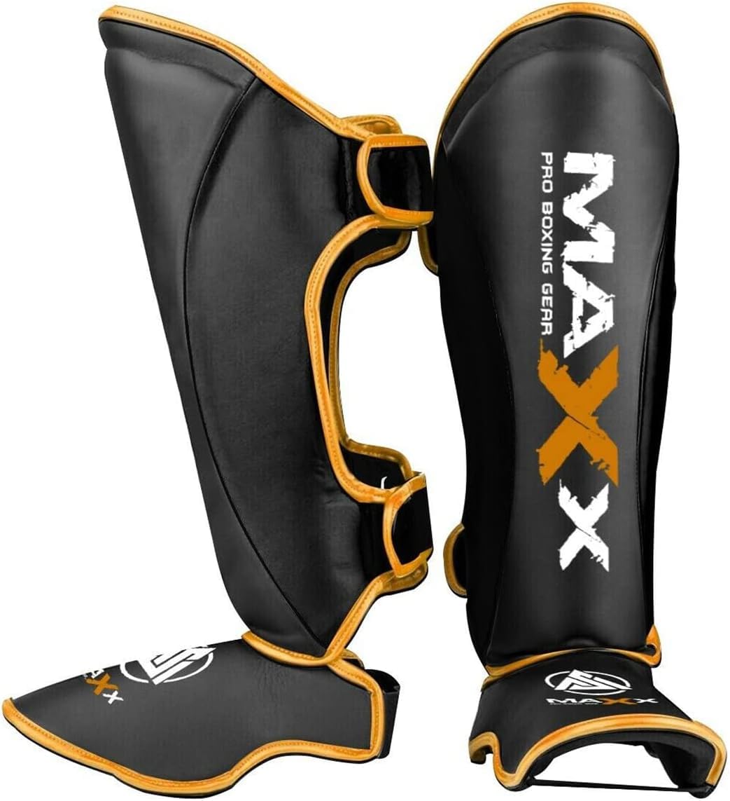 Maxx Adult Boxing Shin Instep Pads MMA Leg Foot Guards Muay Thai Kick Boxing Pad (Black Gold, XS)