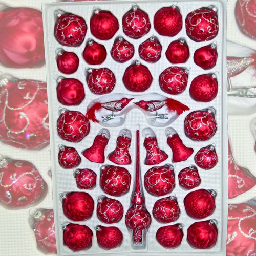 Baumschmuckset 39 Teile - Mundgeblasen - Roter Eislack - Lauschaer Glaskunst - Weihnachten