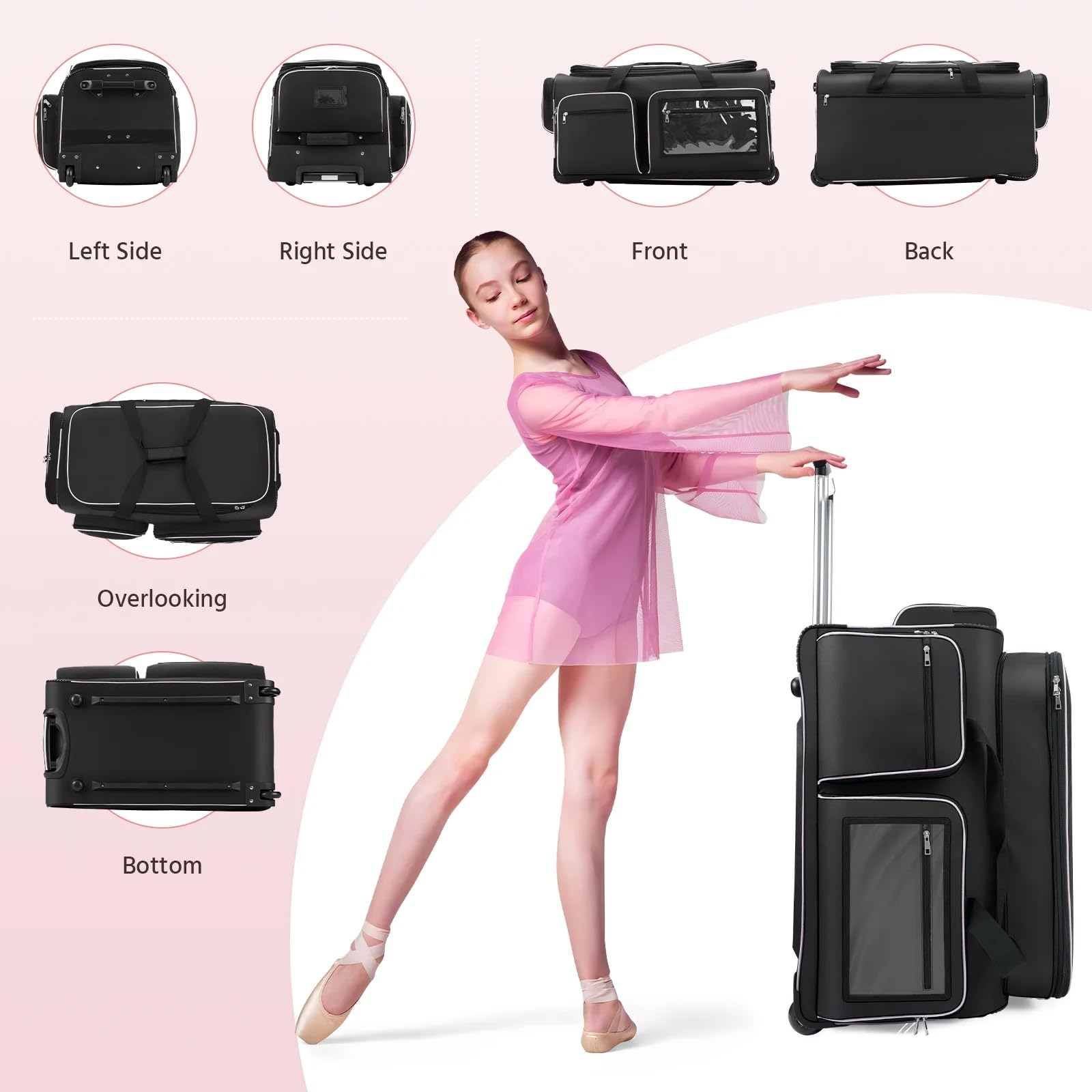 Bagasin Borsa da danza con supporto per abiti, 28" – borsone trolley per costumi da danza, borsa da viaggio con appendiabiti, borsa porta abiti per competizioni di danza (Nero)