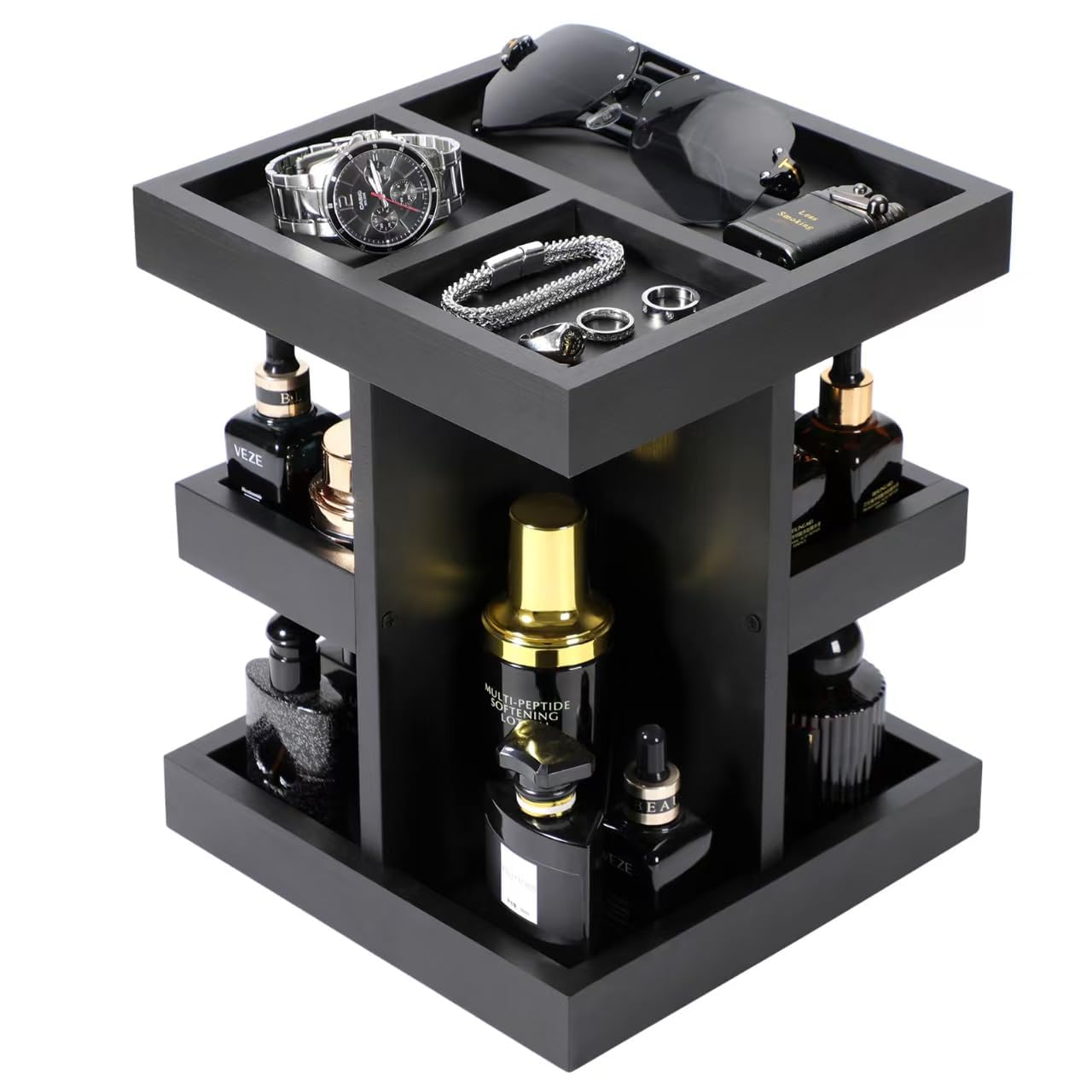 CHY Organizador de perfumes y soporte de perfume para hombre, de madera giratoria de 3 pisos, estante de perfume, expositor para tocador, accesorios, ideas de regalo de cumpleaños para marido y novio