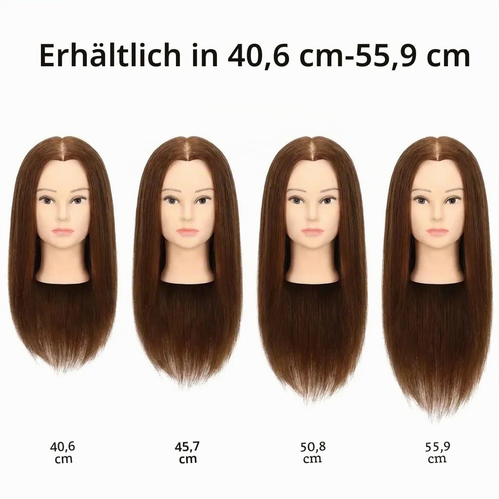 Weiblicher Mannequinkopf aus 100 % Echthaar, Styling-Kopf, Kosmetologie, Puppenkopf für Friseure, mit kostenloser Klemme, Braun, 40,6 cm