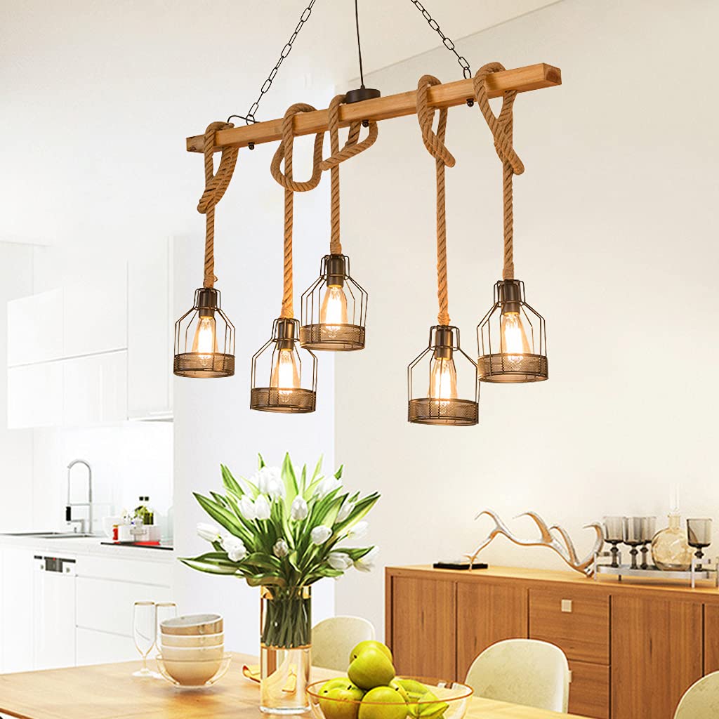Vintage Pendelleuchte Esstischlampe Holz Kronleuchter Höhenverstellbar Hängelampe Hanfseil DIY Verstellbare Hängeleuchte Industrial Retro Eisen Pendelampe Wohnzimmer Küche Bar Deckenleuchte E27*5 (A)