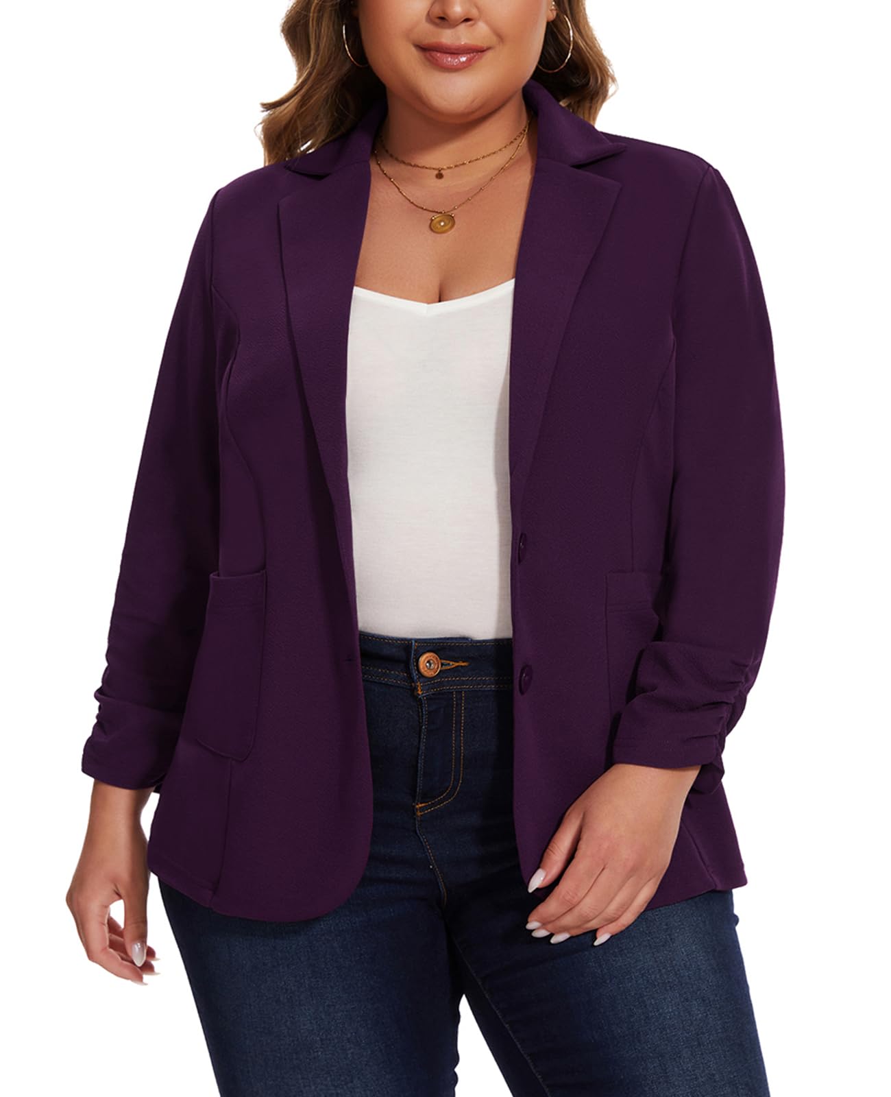 Blazer da donna taglie forti elegante 3/4 con maniche increspate giacche blazer slim fit giacca casual da lavoro con tasche con bottoni