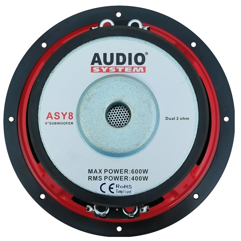 KIT SET PER AUDIO SYSTEM ASY8, 1 subwoofer da 20 cm 200 mm 8" di diametro, doppia bobina, dual voice coil 2+2 ohm, 400 watt rms 600 watt max, per auto, 1 pezzo
