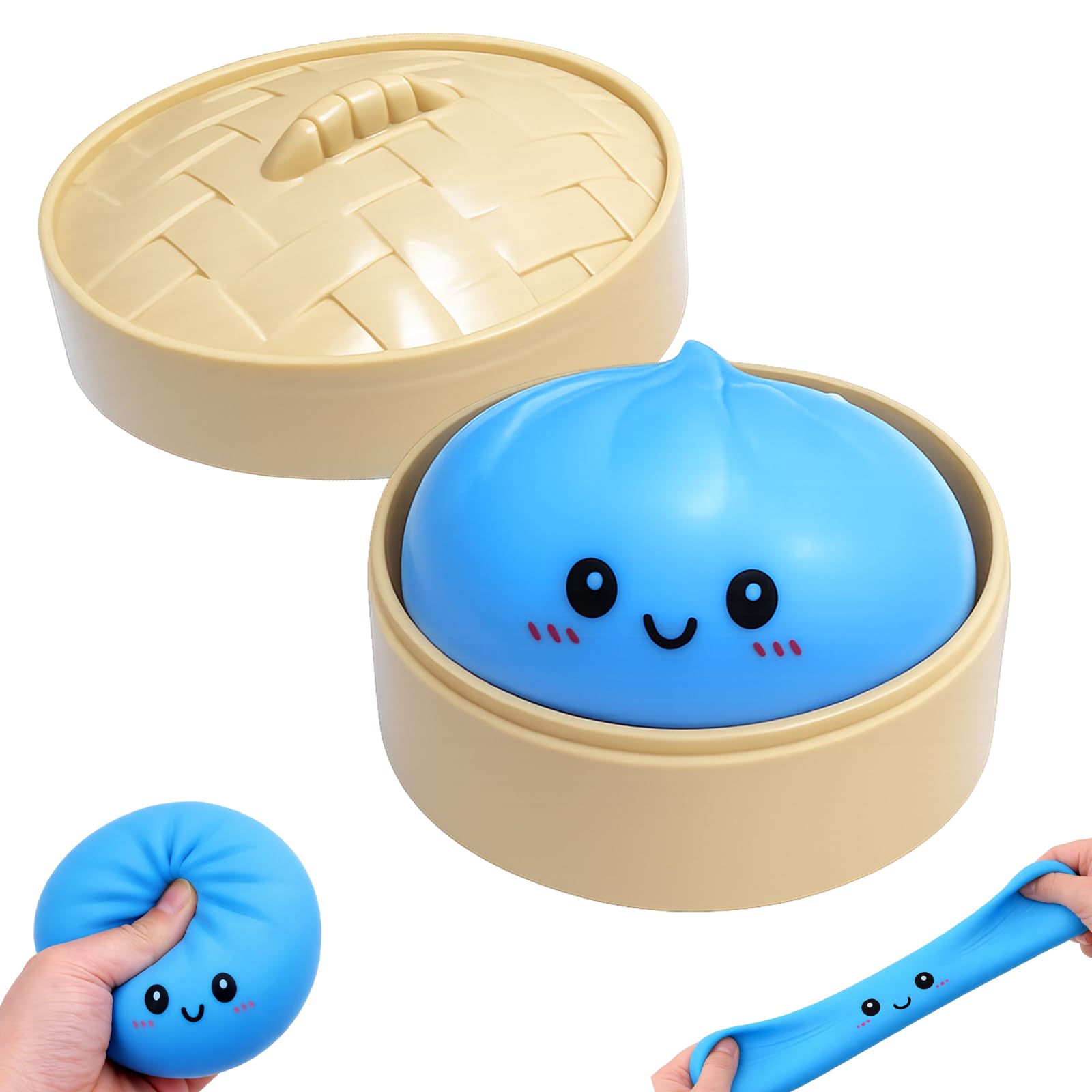 MAUDFEK 1 PCS Dumpling Squishy with Steamer Basket, Blue Expression Dumpling Stress Fidget, Sensory Play Desk Companion for Teens, Office Decoration Gift for Collection Display