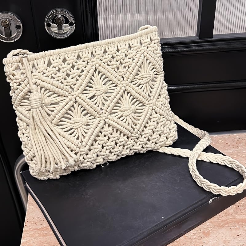 Bolsa feminina de tecido macramê, bolsa transversal com franjas de crochê, bolsa de ombro de algodão boho, bolsa de borla atada à mão
