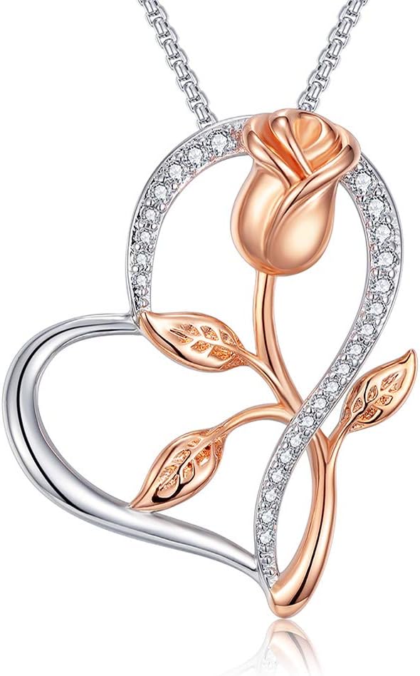 Rose Gold Flower Pendant Necklace with Heart, Silver & Rose. Unique Gift for Mom or Wife, Birthday, Christmas, Mother's Day