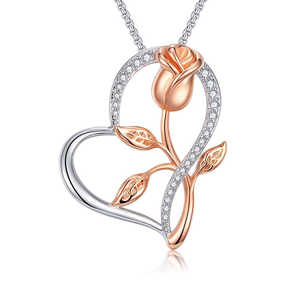 Rose Gold Flower Pendant Necklace with Heart, Silver & Rose. Unique Gift for Mom or Wife, Birthday, Christmas, Mother's Day