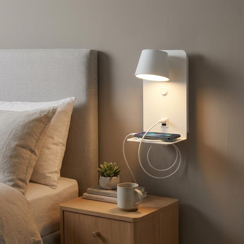 BARCELONA LED applique da parete LED bianca con USB e USB-C, lampada da lettura 6W orientabile 350°, con mensola per telefono, luce calda 2700K, per camera da letto, ufficio, scale, sala pranzo