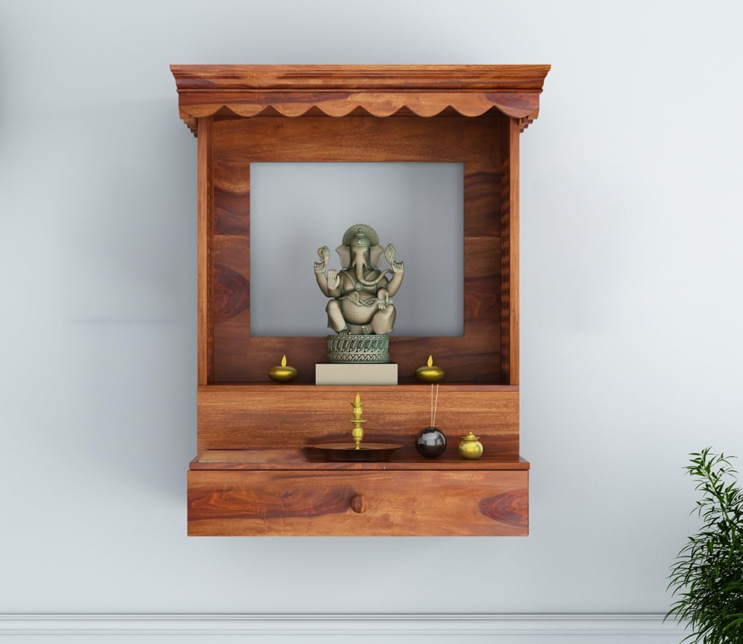 SHREE NATURAL® Wooden Home Temple Pooja Mandir with 1 Drawer for Storage Home Decoration | Pooja Mandap | Solid Wood Home Temple for Home Decor. (Honey)