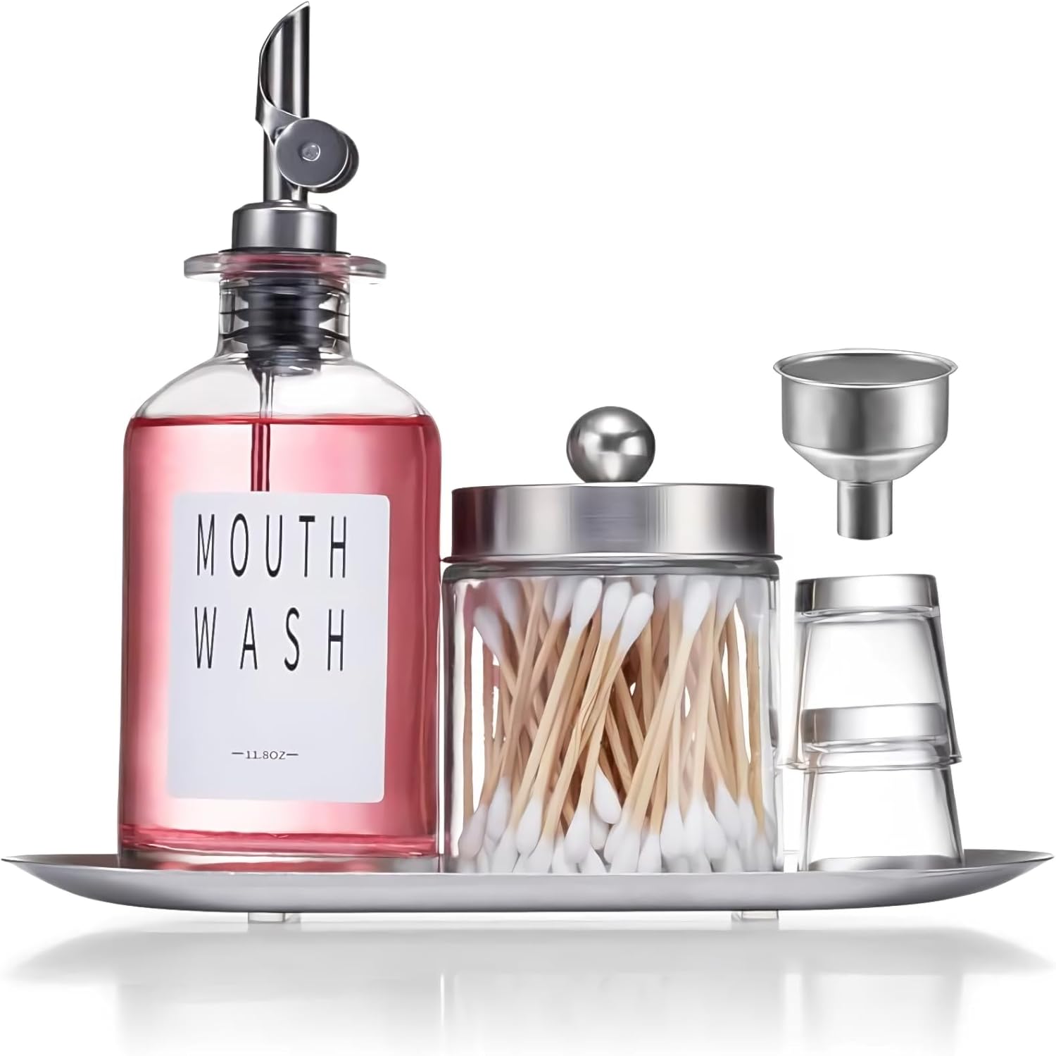Glass Mouthwash Cup Sets 11.8OZ Mouthwash Dispenser for Bathroom with Cups &Tray