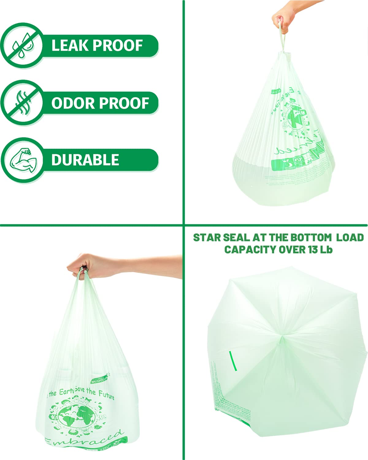 BEIDOU-PAC Bolsas de basura 100% compostables, bolsas de compostaje de 3 galones, bolsas de basura pequeñas de cocina con asa, 100 bolsas de basura biodegradables resistentes, bolsas de basura de