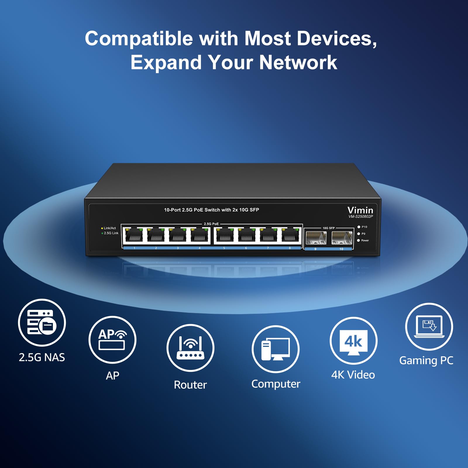 VIMIN Switch PoE a 10 porte 2,5G non gestito, 8X 2,5G Base-T PoE @130W+2X 10Gbps SFP, 8 porte PoE Switch con capacità di commutazione Ethernet 80Gbps, supporto IEEE802.3af/at, VLAN, alloggiamento in