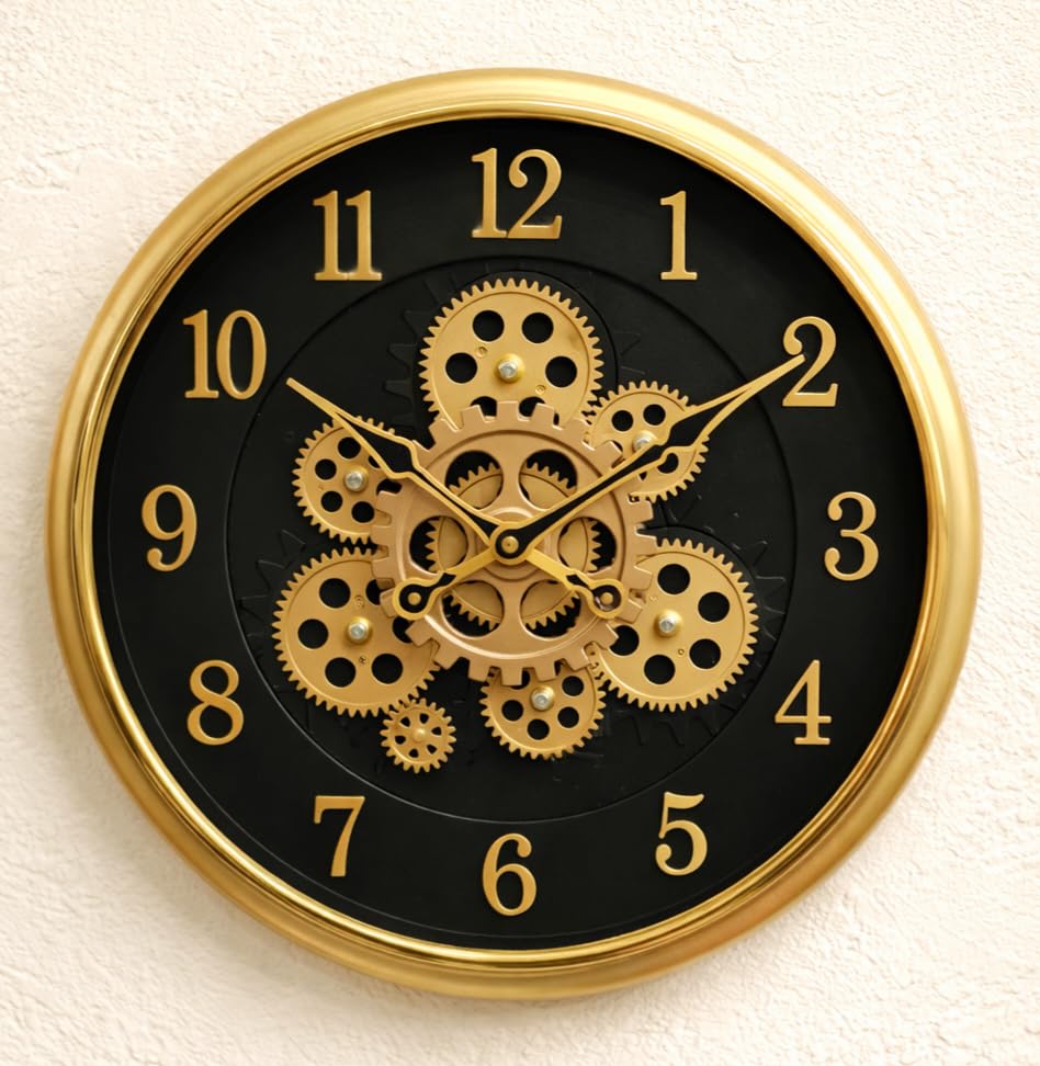 Image of Analog Moving Gear Wall Clock, Plastic Body, Rotating Gears, Battery Operated (Copper Black, Width: 40 Cm) 16 x16inch Diameter (Golden)
