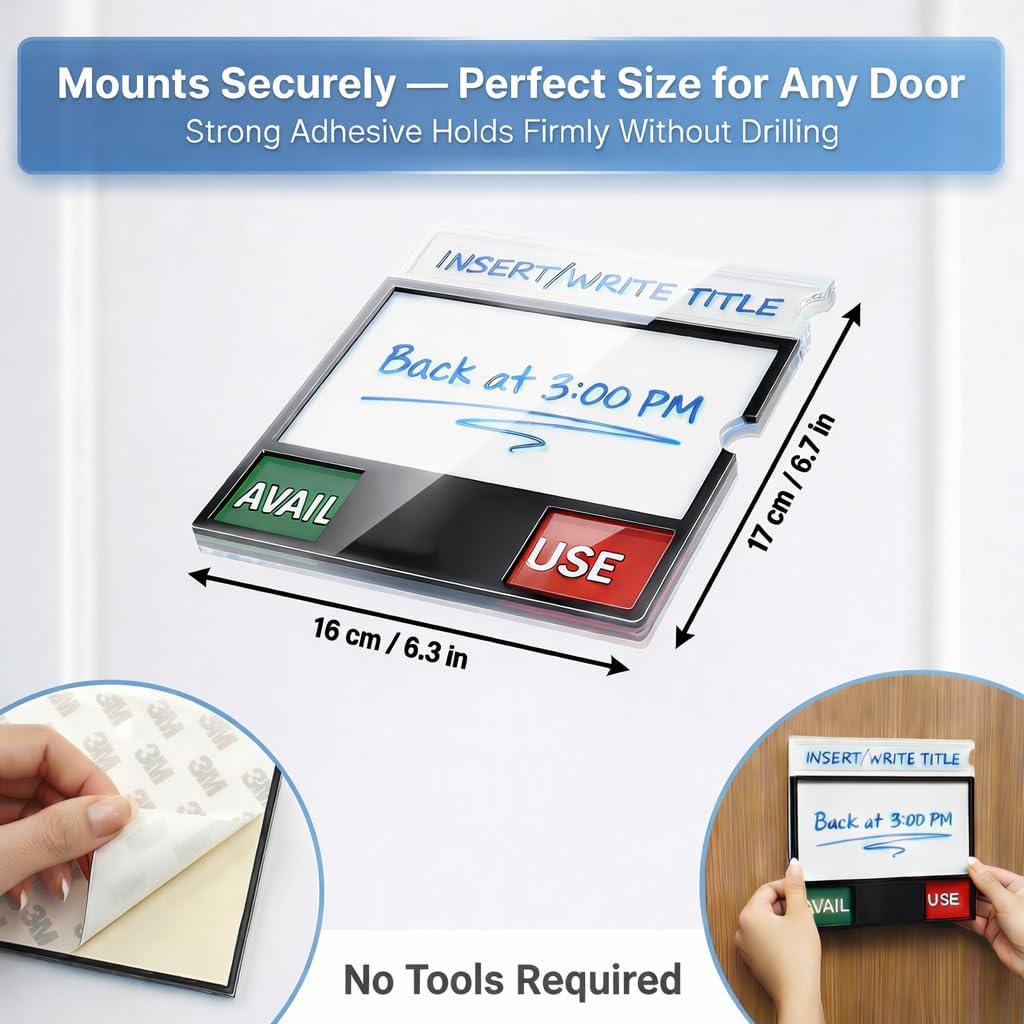 Conference Room Door Sign with Slider – Office Door Sign for Meeting Room, 3-Zone Writable Whiteboard & DIY Paper Insert Slot, 8 Status Options, Acrylic Door Sign, No-Drill Self-Adhesive Mount（Black）