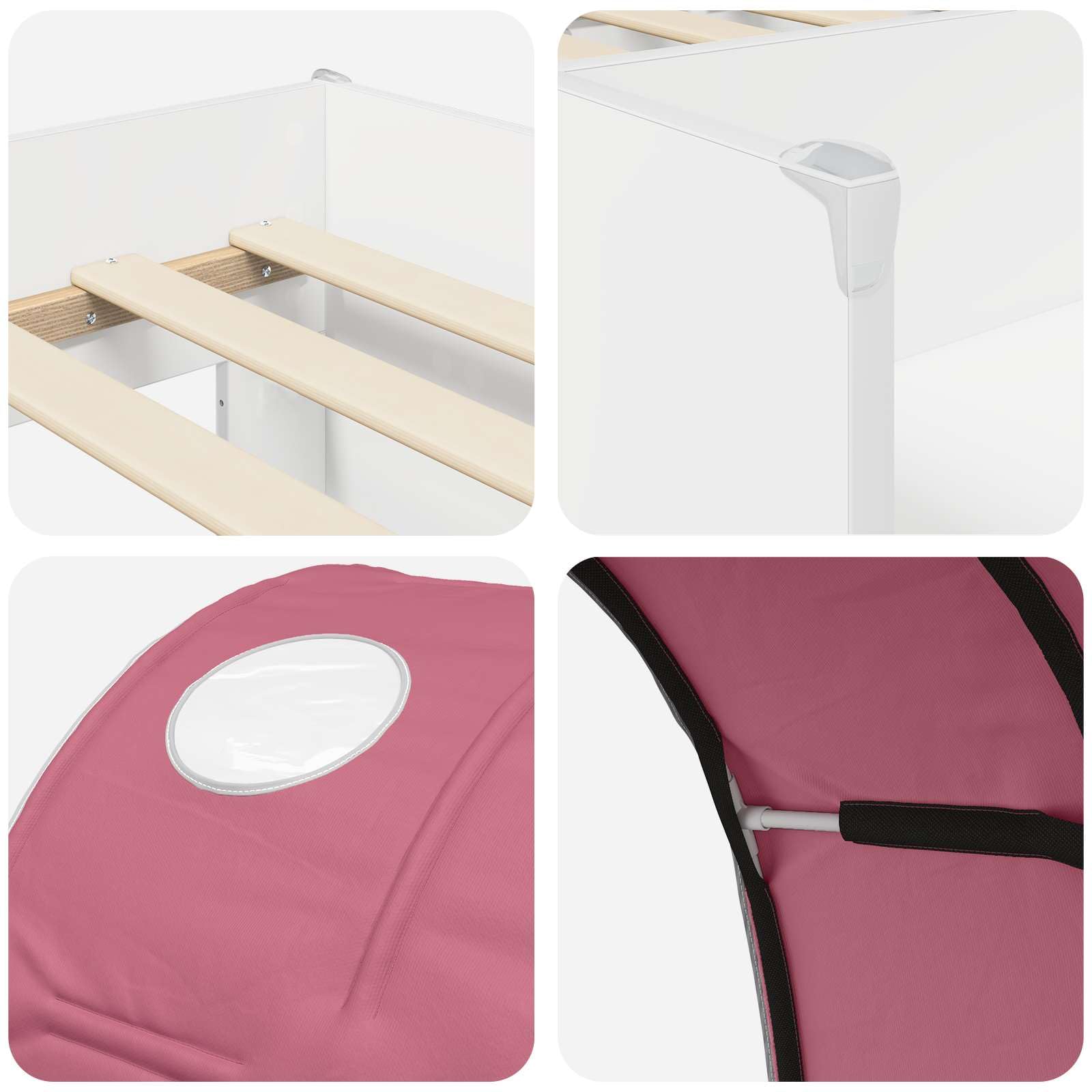Cama infantil con túnel, color blanco y rosa, 203 x 111 cm, cama de juegos para niñas, niños, cama alta de madera, capacidad de carga de 120 kg, marco de cama estable para habitación de los