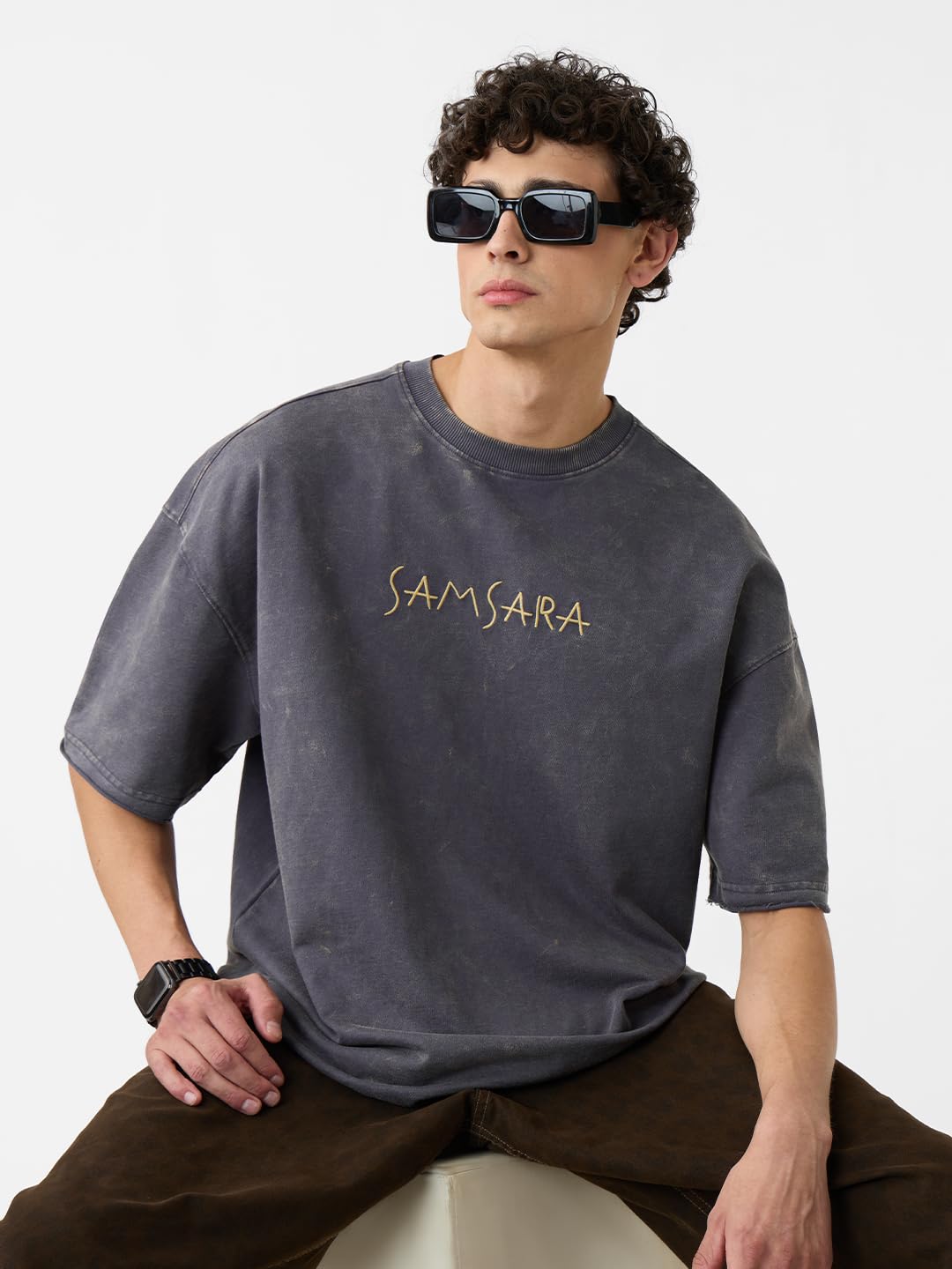 The Souled Store Samsara Herren Jungen Kurzarm Rundhalsausschnitt Grau Super Oversize Baumwolle Graphic Print T-Shirt