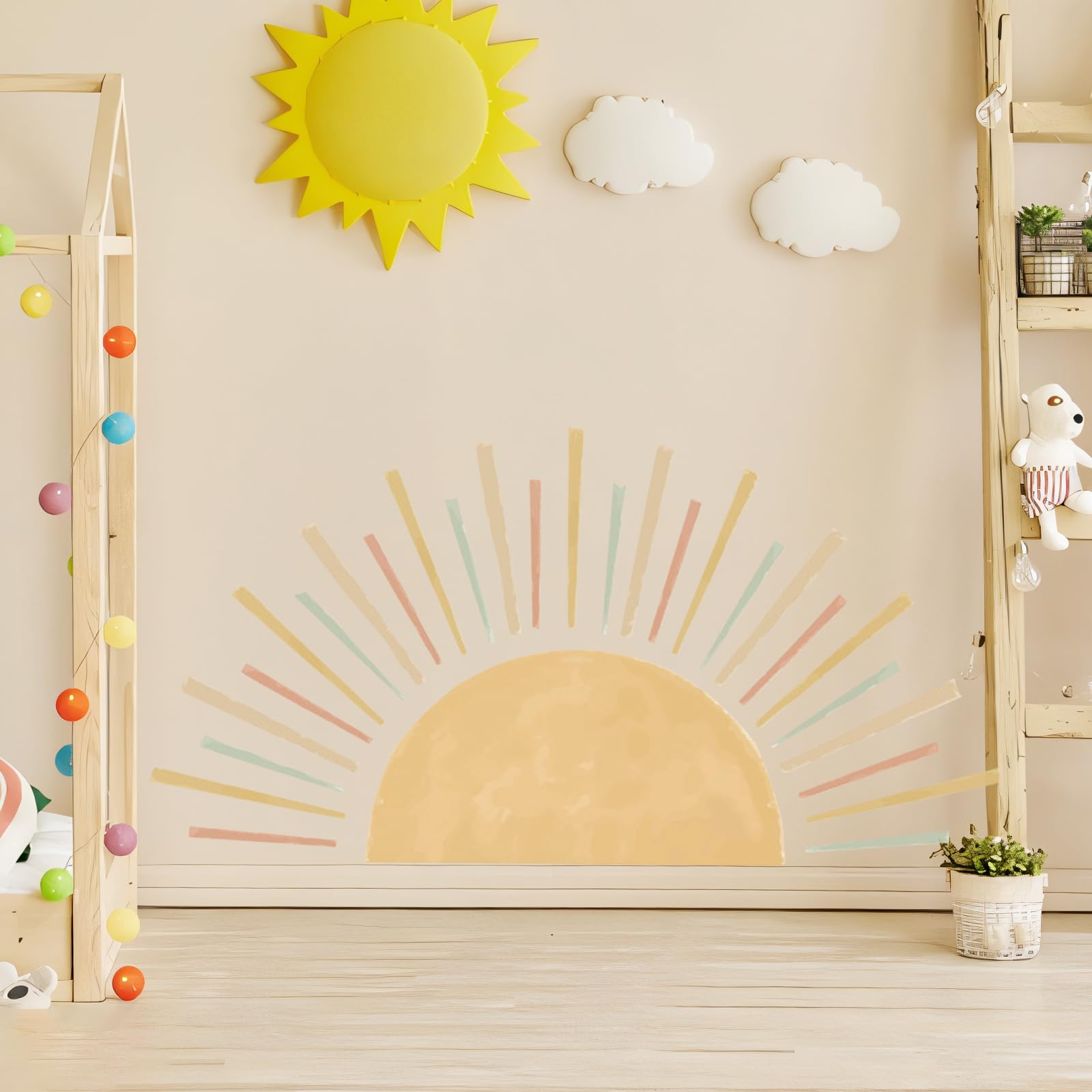 Wandaufkleber „Große Sonne Mit Wolken“ – Abziehbar, 148 X 195 Cm, Aquarellfarben, Für Kinderzimmer & Mehr
