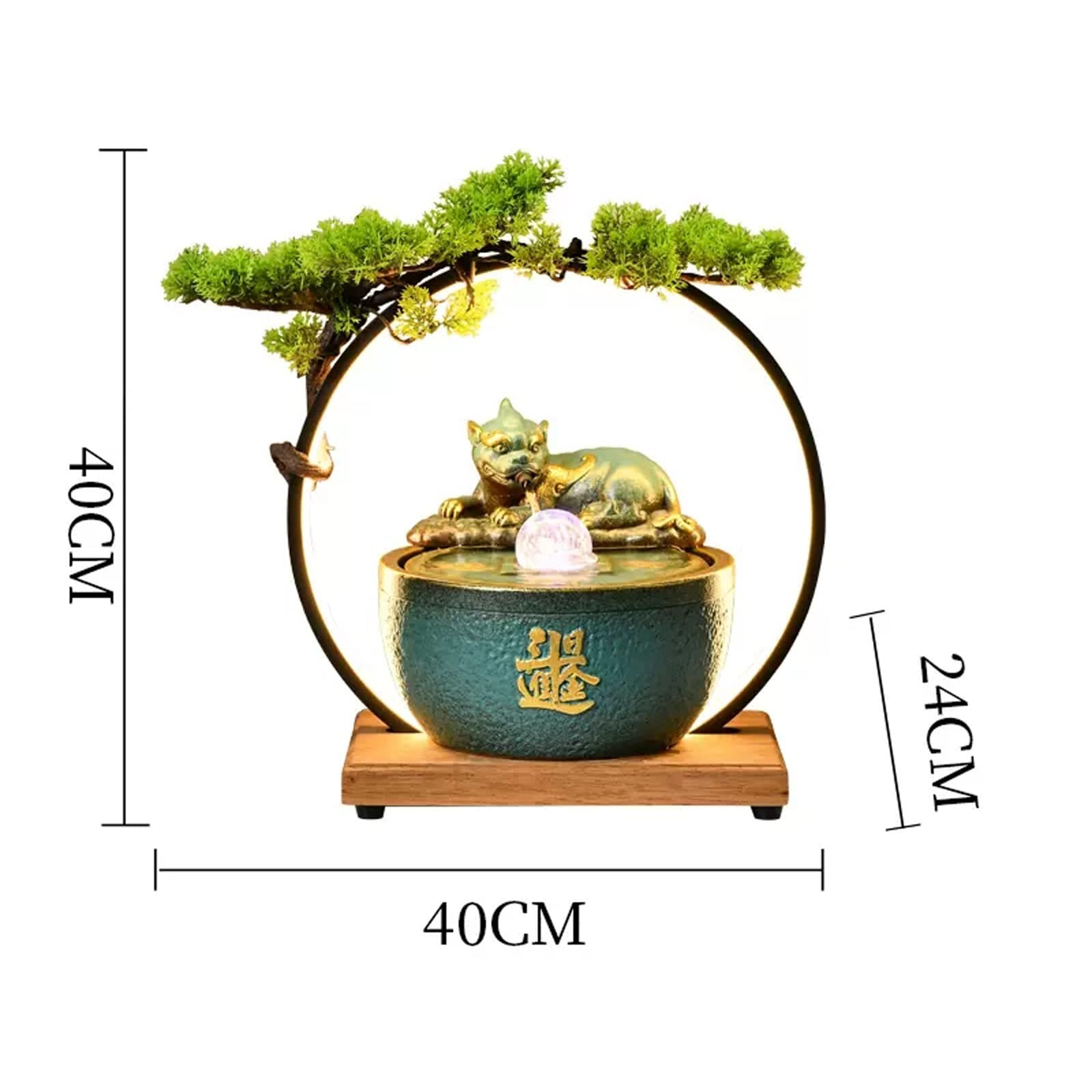 Fuente Interiores China Cerámica Pi Xiu Fuente de agua de mesa con base de madera y luz LED Interior Feng Shui Característica del agua Pequeña luz nocturna for la decoración del hogar de la oficina Fu