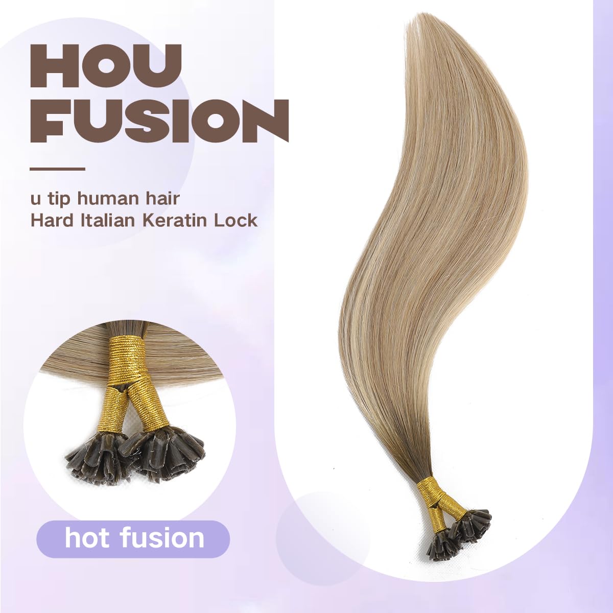 Sindra U Tip Extensions Human Hair 16 Inch 40g Balayage Ombre Walnut Brown to Ash Brown and Blonde Fusion Human Hair Extensions Straight 50 Strands #3/8/22 16inch - Image 3