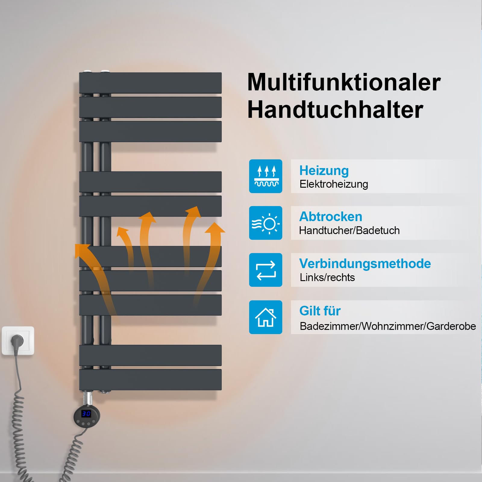 Heilmetz Badheizkörper Elektrisch Handtuchheizkörper Elektrisch mit Thermostat mit Timer-Funktion Heizkörper Badezimmer Anthrazit Badheizkörper 60x117.6cm