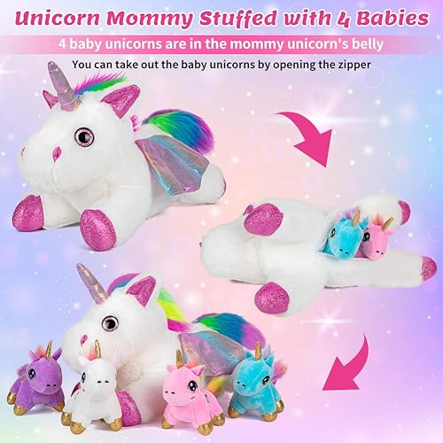 Miniatura 2 de HONGTEYA Juguetes de peluche de unicornio, unicornio con 4 unicornios en su barriga, regalos de unicornio de felpa suave para niñas de 3, 4, 5, 6,