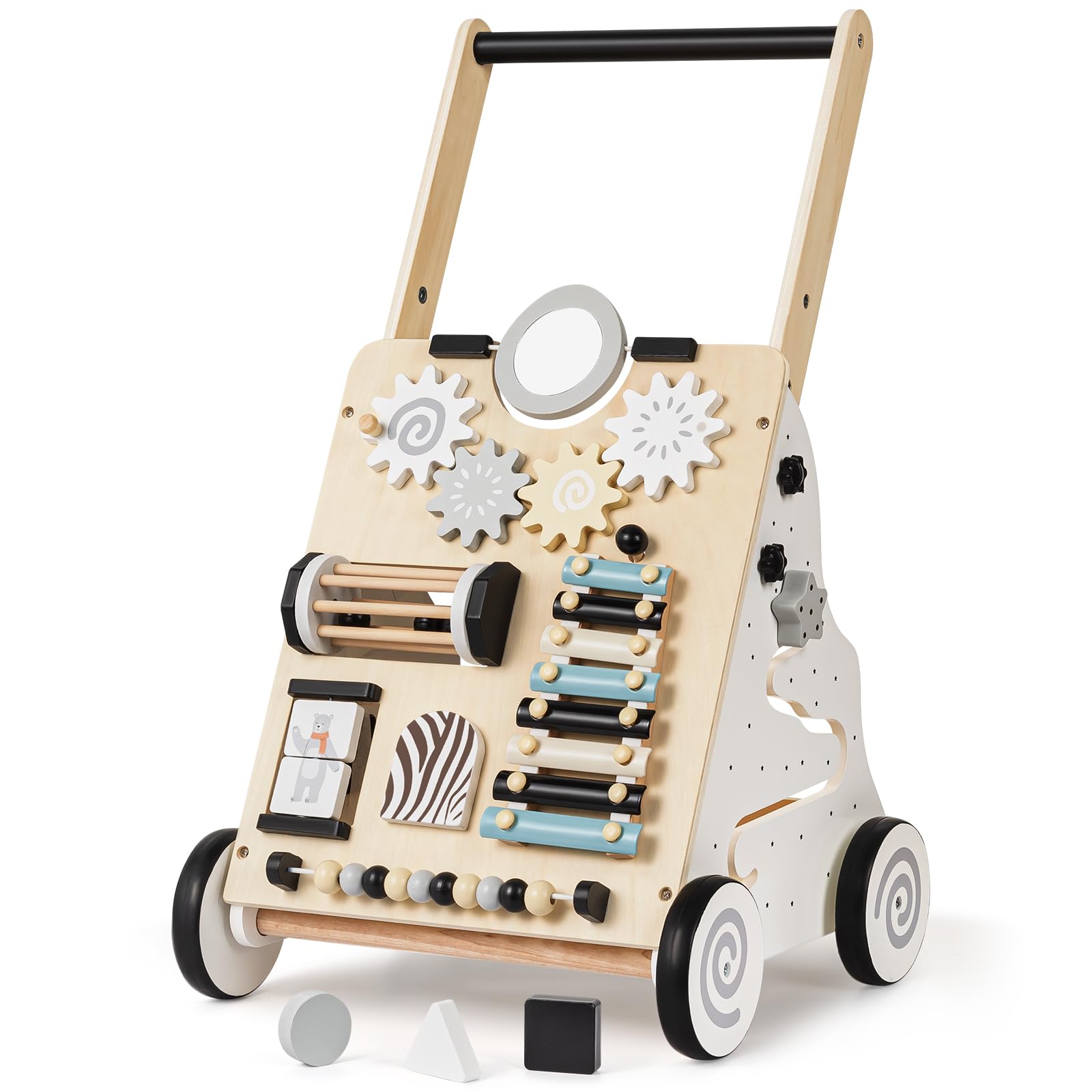 V-Opitos Wooden Baby Walkers, Height and Resistance Adjustable Push Walkers with Learning Activity Center, Baby Sit to Stand Walker Toys, Ideal Gifts for 6-12-18 Months Boy & Girl