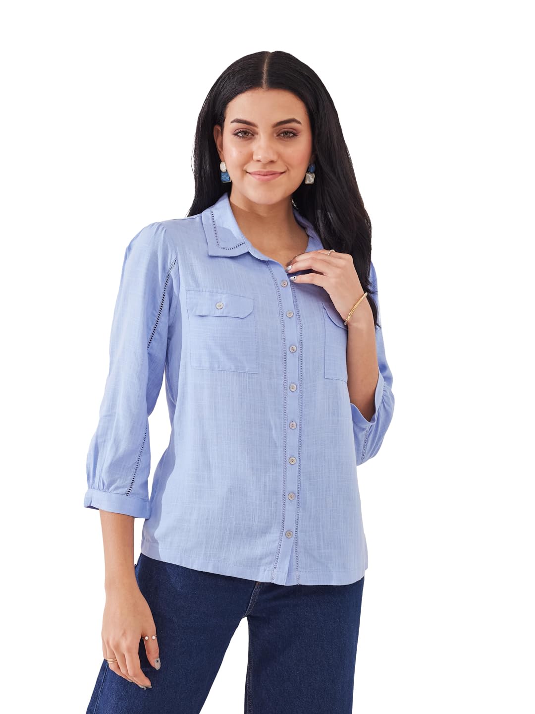 latin quarters Women's Blue Solid 3/4th Sleeve Collar Neck Casual Shirt-picture-13