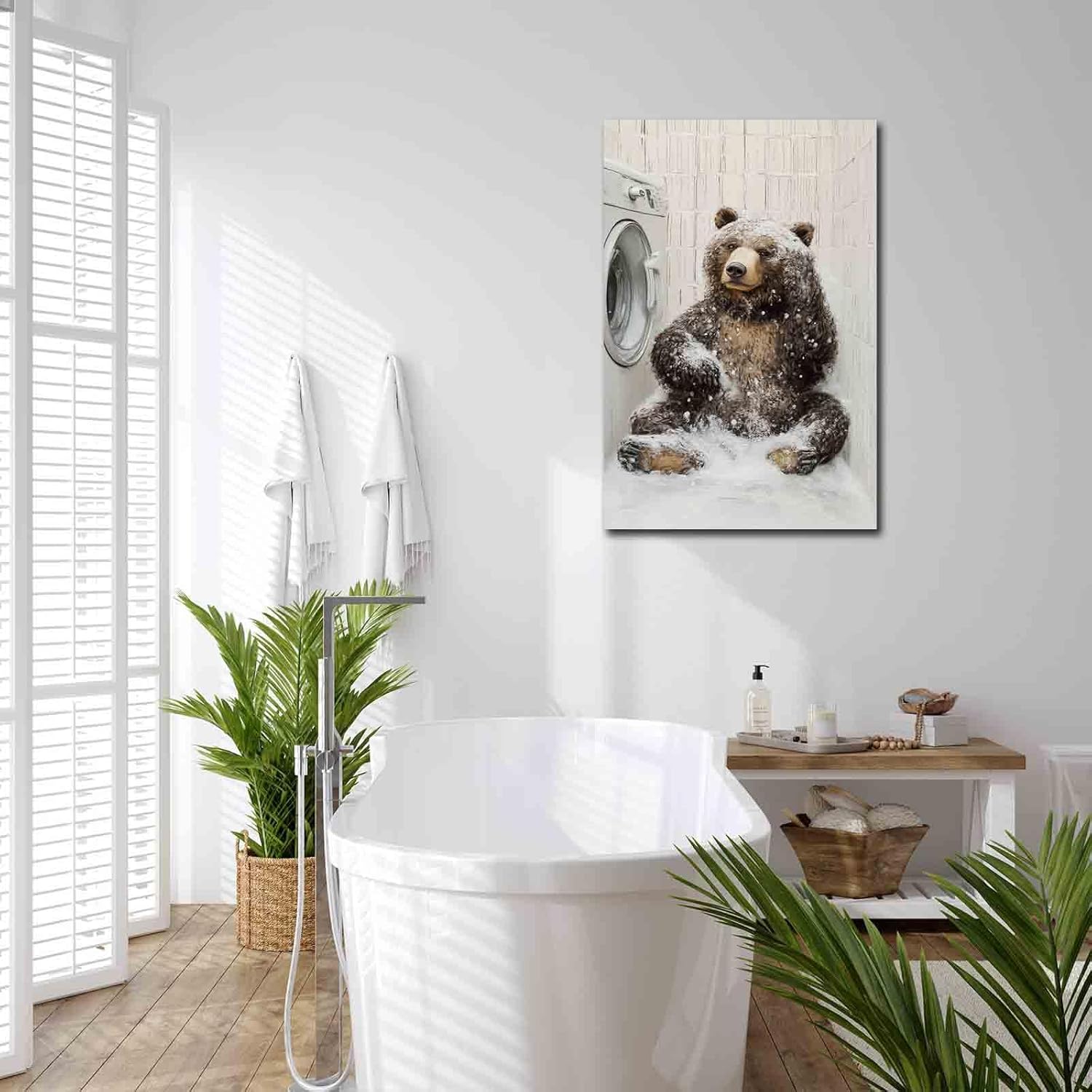 Laundry Room Canvas Wall Art Rustic Bear Pictures Funny Laundry Room Sign Wall Decor Poster Print Artwork for Bathroom Laundromat Bedroom Wooden Frame 24x36 inch
