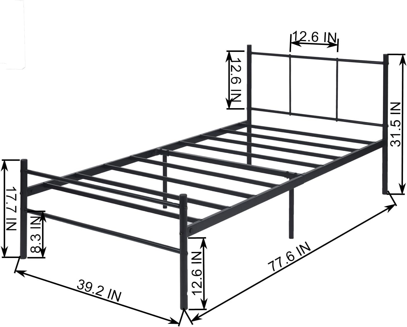 Diagram showing dimensions of the Liink1Ga Twin Bed Frame