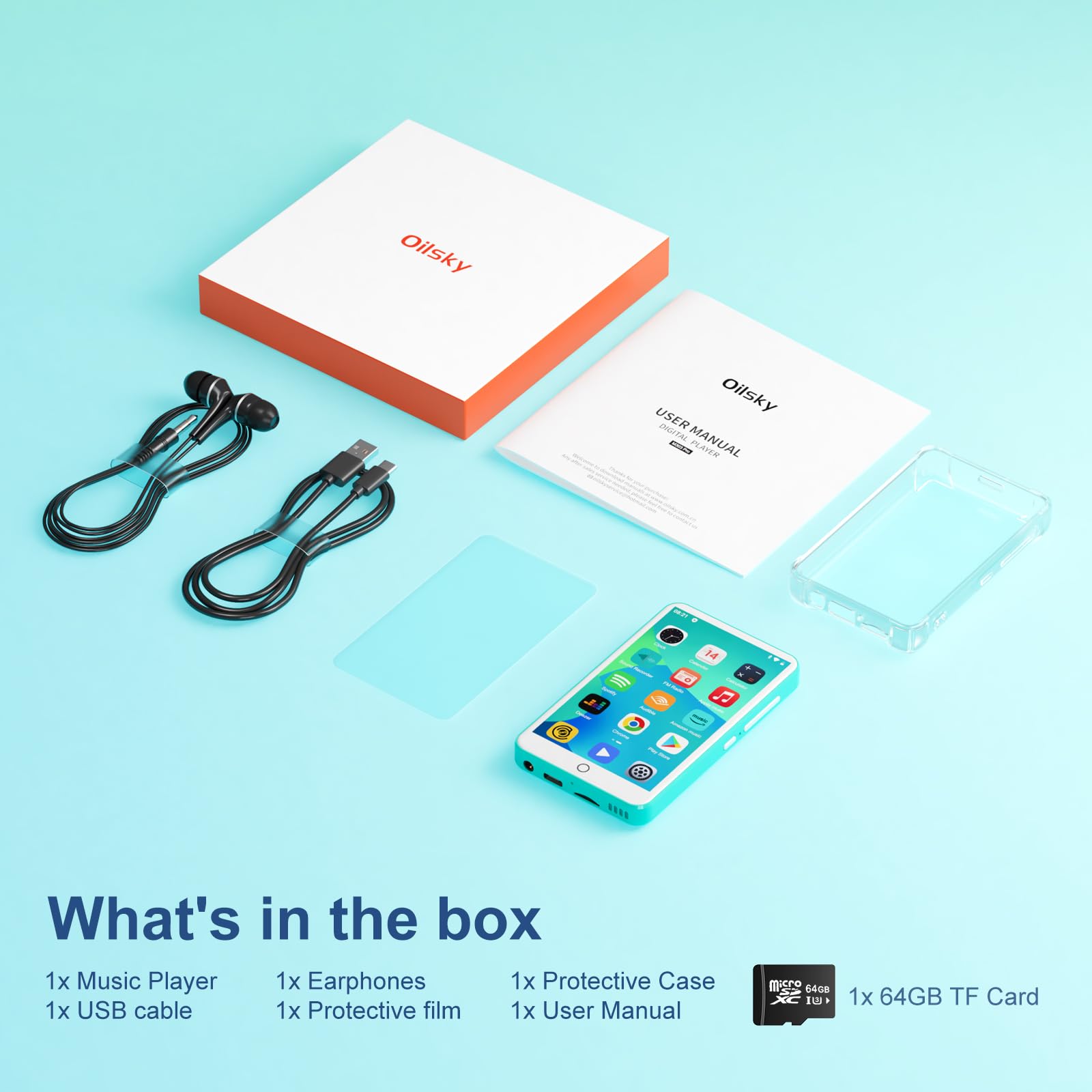 Lettore MP3 con Bluetooth e WiFi, Oilsky 80GB 4 pollici Android 9.0 Mp3, 1080P Touchscreen MP4 Player, Portable Music Player con Spotify, Audible, Deezer (Ciano)