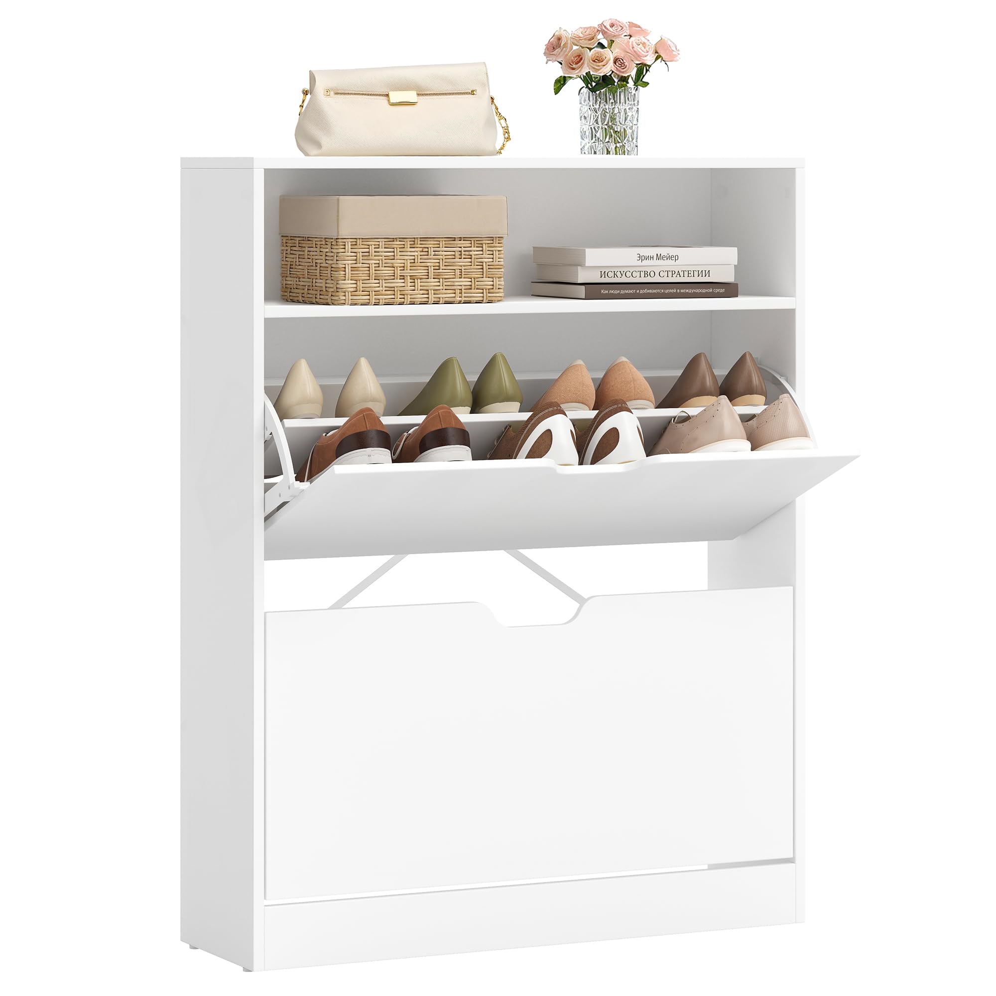 VASAGLE Custos Kollektion - Schuhschrank, Schuhkipper, Schuhaufbewahrung, offenes Fach, Trennwand verstellbar, 2 Klappen, 24 x 80 x 102 cm, 14-16 Paar Schuhe, wolkenweiß LBC048W01V1