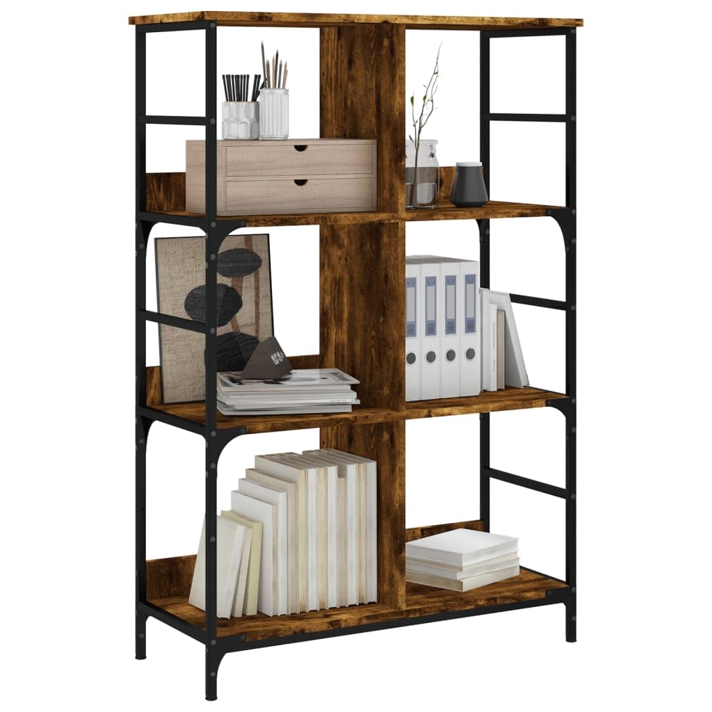 Libreria in rovere affumicato, 78,5 x 33 x 117,5 cm, con 6 scomparti, in legno e acciaio, per soggiorno, ufficio, cameretta dei bambini, divisorio e stoccaggio