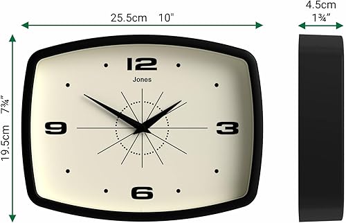 Miniatura 4 de JONES CLOCKS Reloj de pared de película  Reloj retro rectangular  10 pulgadas  Negro  Aspecto de diseñador fresco de mediados de siglo para cocina,