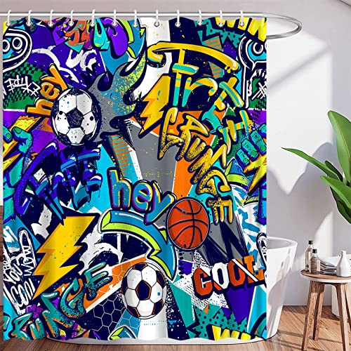 Vpupcn Sports Shower Curtain For Boys Teens Basketball Football Game Abstract Art City Street Colorful Graffiti Creative Grunge Hip Hop Polyester Curtains Bathroom Decor With Hooks 70Wx70H Inch #TOP4