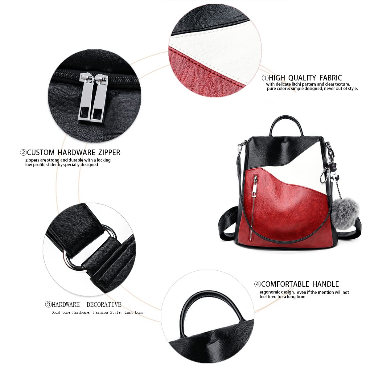 BUKESIYI Femme Sac a Dos Sacs à Main PU Cuir Antivol portés Bandoulière Original Élégant Marque FR78163 Rouge Vineux