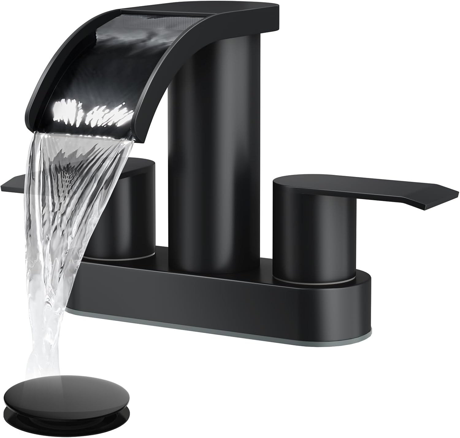 gotonovo 4 Inch Centerset Waterfall Bathroom Sink Faucet Deck Mount 2 Handle Basin Faucets 2 or 3 Hole with Pop Up Drain Included Lavatory Modern Mixer Tap Vanity Faucet Matte Black
