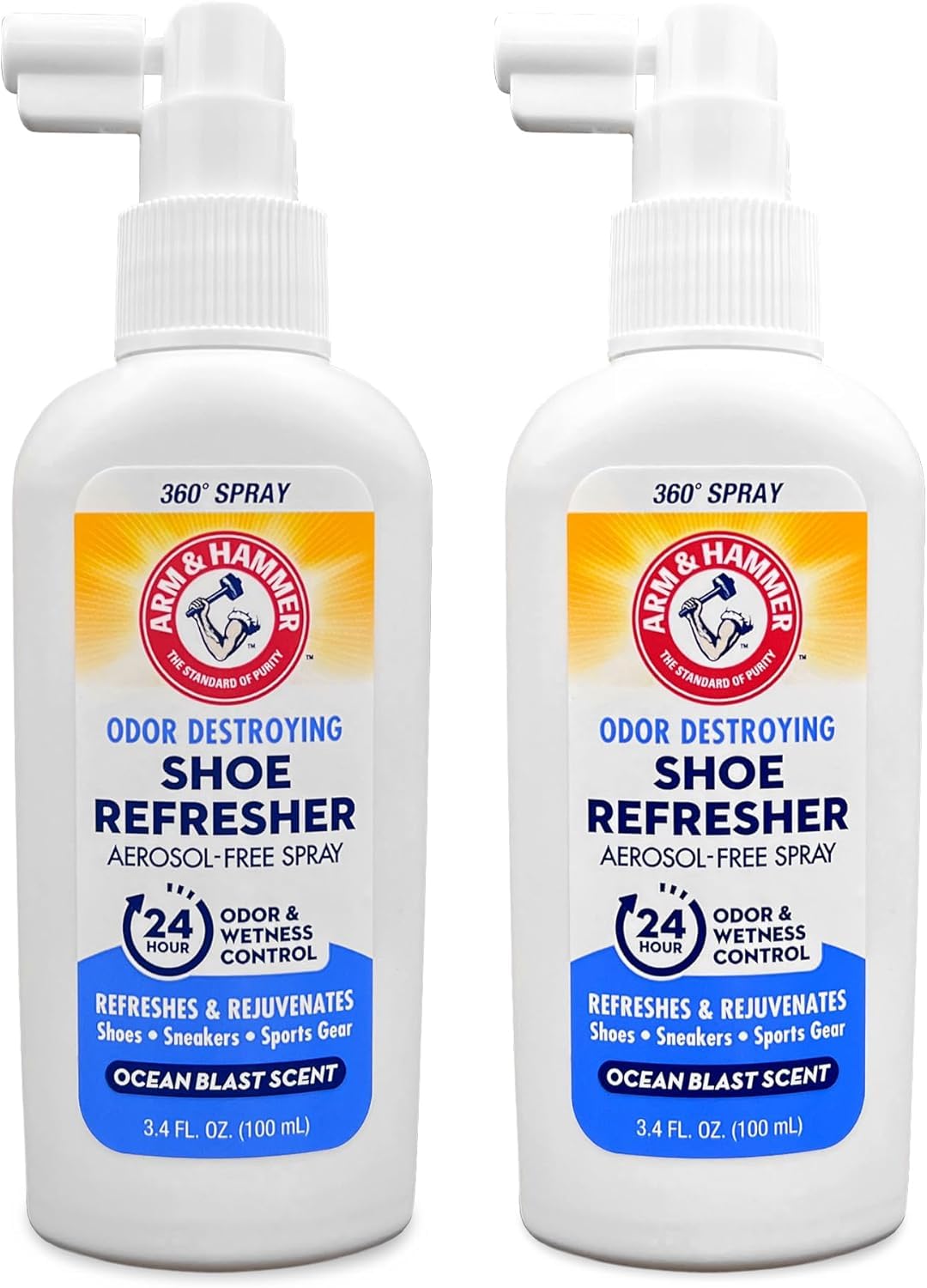 Arm & Hammer Shoe Refresher Spray, Odor Eliminator for Sneakers, 24 Odor & Wetness Control, Aerosol-Free Shoe Deodorizer Spray, Ocean Blast Scent, 3.4 oz, Pack of 2