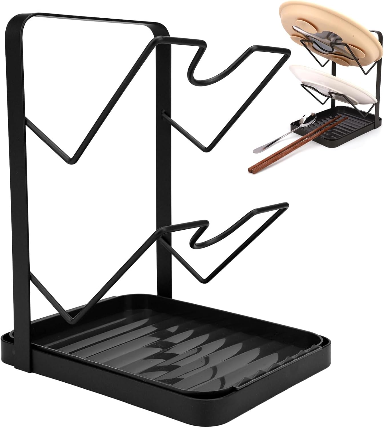 Kitchen Pot Lid Storage Rack with Drip Tray, Carbon Steel Double-Layer Pot Lid Holder While Cooking, Spoon Rest Counter Lids Stand Organizer for Pans Pots (Gun Gray)