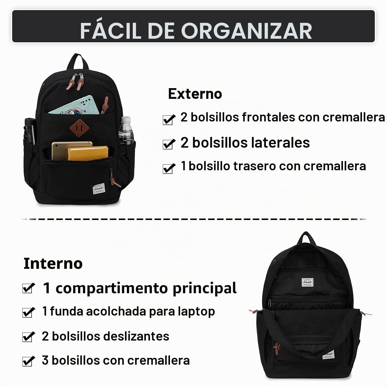 Mochila Escolar,RAVUO Casual Mochila Hombre Impermeable Mochila Escolar Adolescente Chico Grande 20 Litros Mochila Instituto Ligera Mochila Portatil 15.6 Pulgadas para Universidad Viaje Trabajo,Nergo