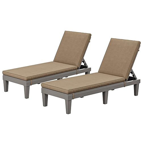 YITAHOME Outdoor Chaise Lounge Chair, Plastic Pool Chaise Lounge with Cushions & 5-Position Backrest, Easy Assembly & Waterproof for Patio & Poolside, Set of 2, Brown