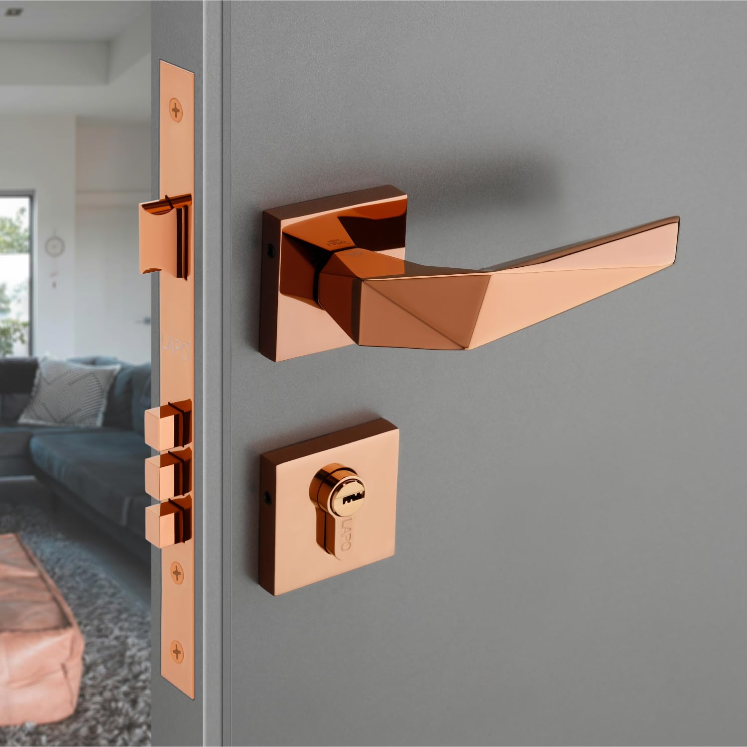 LAPO Mortise Door Lock for Home Main Door & Bedroom with Handle | 50x85mm Body | Heavy-Duty 70mm Cylinder | 3 Brass Keys | Left-Right Fit 30-50mm Door Home Office Hotel | Rose Gold Finish | Ro-126