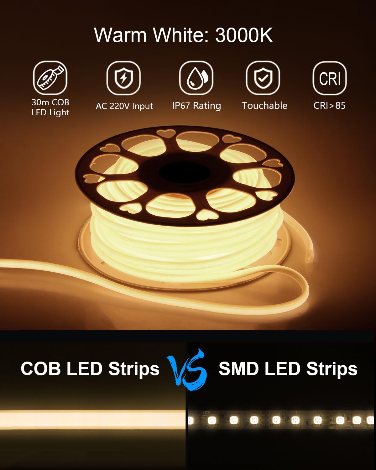ALITOVE 30m COB LED Streifen Aussenbereich 230V Warmweiss mit Schalter | LED Band 230V Direktanschluss, 3000K, 288LEDs/m, für Garten Terrasse und DIY-Projekte, Nicht Dimmbar, Nicht Selbstklebend