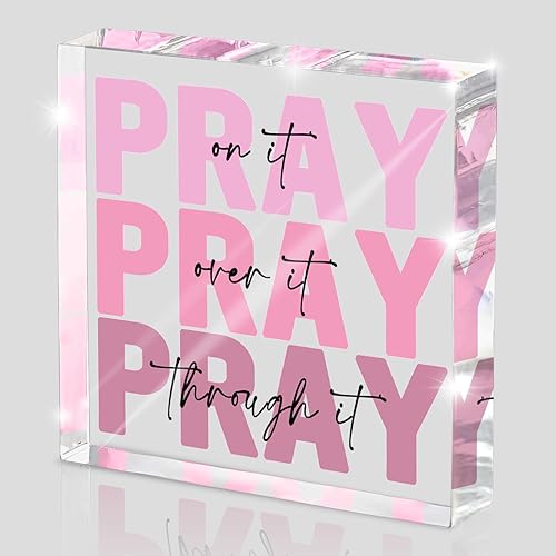 zaxek Pink Inspirational Decor Pray Over It Bible Verse Wall Art Christian Gifts for Women, 4x 4 Inches Office Desk Accessories Decor Sign, Pink Dorm Room Decor for Women - Pray on it Pray through it