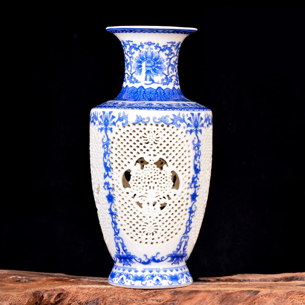 DFGHNBVC Chinoiserie Jingdezhen Porcelain Blue And White Porcelain Hollow Out Vase Flower Arrangement New Chinese Style Sitting Room Porch TV Ark Adornment Places,J