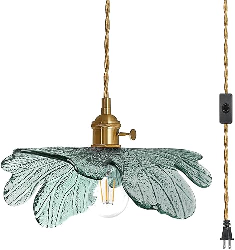 Lámpara colgante para enchufar, moderna lámpara colgante de latón con pantalla de vidrio verde oscuro, luz colgante de 14.75 pies con cable de
